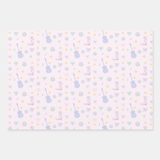 ガーリーポップ・アートのロックスターパステルギター女性のカーボーイパーティー ラッピングペーパーシート (正面3)