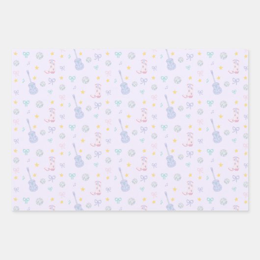 ガーリーポップ・アートのロックスターパステルギター女性のカーボーイパーティー ラッピングペーパーシート (正面2)