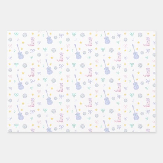 ガーリーポップ・アートのロックスターパステルギター女性のカーボーイパーティー ラッピングペーパーシート (正面)