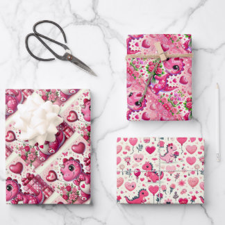 ガーリーポップ・アートの恐竜バレンタインデー ラッピングペーパーシート