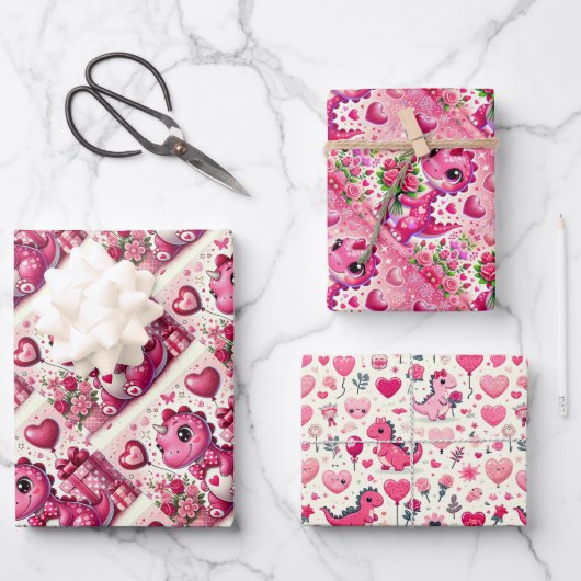 ガーリーポップ・アートの恐竜バレンタインデー ラッピングペーパーシート (正面)