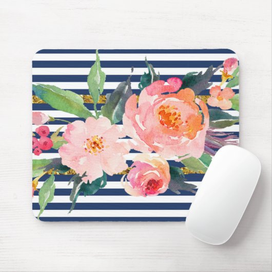 ガーリーモダンシックな水彩花ストライプ- マウスパッド (マウス)