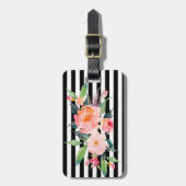 ガーリーモダンシック花,白黒ストライプ ラゲッジタグ (正面縦)