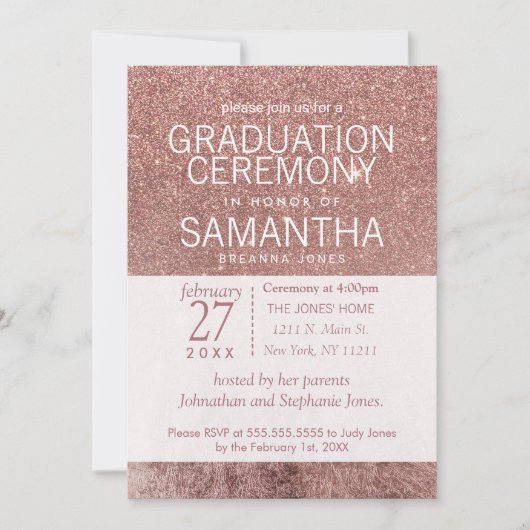 ガーリーモダンバラ金ゴールドグリッター箔の卒業 招待状 (正面)