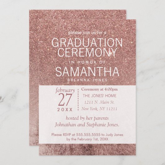 ガーリーモダンバラ金ゴールドグリッター箔の卒業 招待状 (正面/裏面)