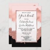 ガーリーモダンバラ金ゴールドピンクグリッターブラシストローク 招待状 (正面/裏面)