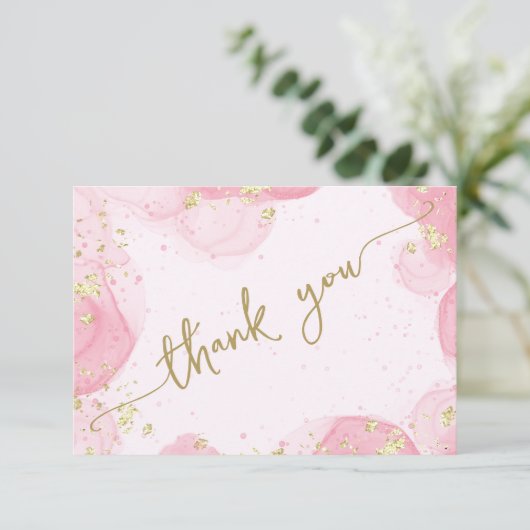 ガーリーモダン抽象芸術ピンクインクフェイク金ゴールドグリッター サンキューカード (スタンド正面)
