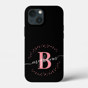 ガーリーモダンPink Black Nameスクリプトモノグラムの iPhone 13 Miniケース