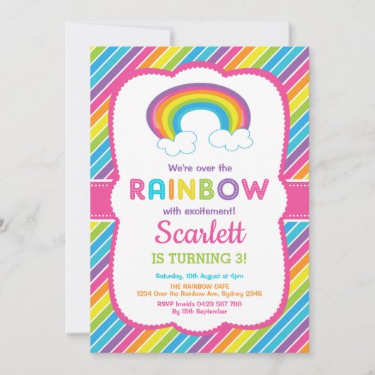 ガーリーレインボーバースデーパーティー カラフルレインボー 招待状 (正面)