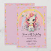 ガーリーレインボーパステルラベンダーキュートユニコーンバースデー 招待状 (正面/裏面)