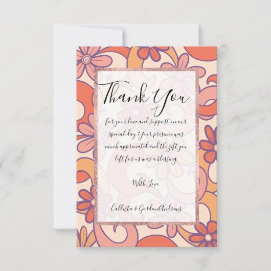 ガーリーレトロピンクのオレンジ色のグルービーフラワー サンキューカード (正面)