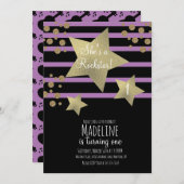 ガーリーロックスターギターフェイク金ゴールドスター誕生日 招待状 (正面/裏面)