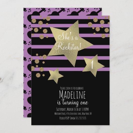 ガーリーロックスターギターフェイク金ゴールドスター誕生日 招待状 (正面/裏面)