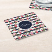 ガーリーヴィンテージバラフローラ水ストライプ色 スクエアペーパーコースター (アングル)