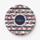 ガーリーヴィンテージバラフローラ水ストライプ色 ペーパープレート (正面)