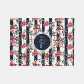 ガーリーヴィンテージバラフローラ水色ストライプ色 フリースブランケット (正面(横))