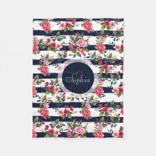 ガーリーヴィンテージバラフローラ水色ストライプ色 フリースブランケット (正面)