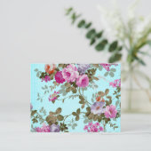 ガーリーヴィンテージピンクフローラティール（緑がかった色）トレンディー水玉模様 ポストカード (スタンド正面)