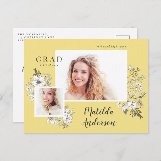 ガーリー写数々のエレガントフローラ卒業パーティー インビテーションポストカード (正面/裏面)