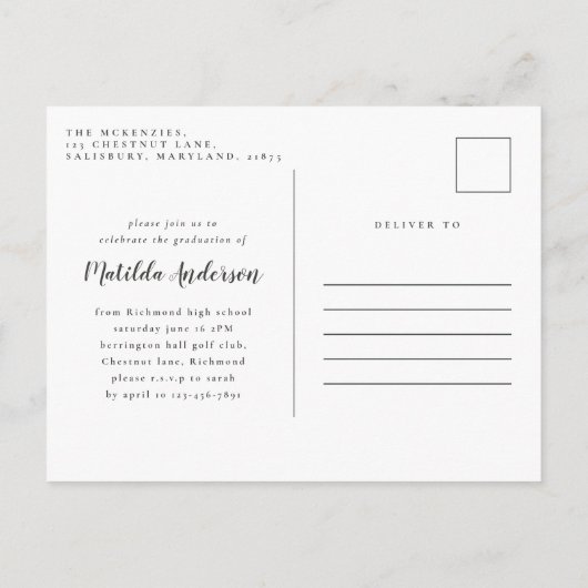 ガーリー写数々のエレガントフローラ卒業パーティー  インビテーションポストカード (裏面)