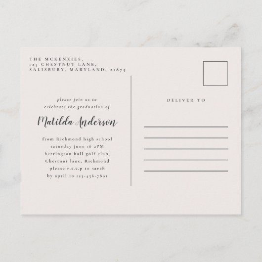 ガーリー写数々のエレガントフローラ卒業パーティー  インビテーションポストカード (裏面)