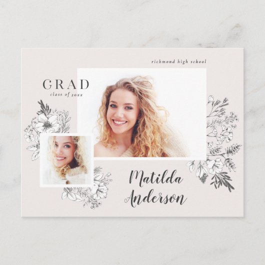 ガーリー写数々のエレガントフローラ卒業パーティー インビテーションポストカード (正面)