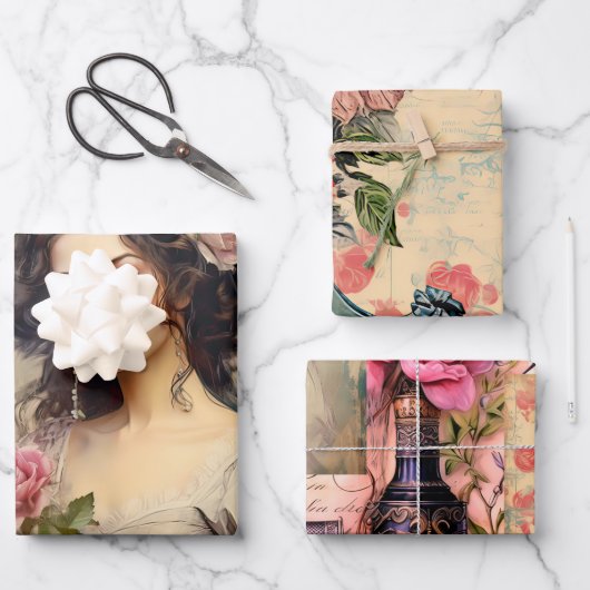 ガーリー夢ヴィンテージインスパイア女の子と花 ラッピングペーパーシート (正面)