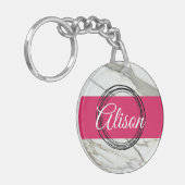ガーリー大理石ピンク名前をカスタムするデザイン キーホルダー (正面左)