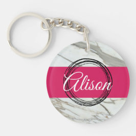 ガーリー大理石ピンク名前をカスタムするデザイン キーホルダー