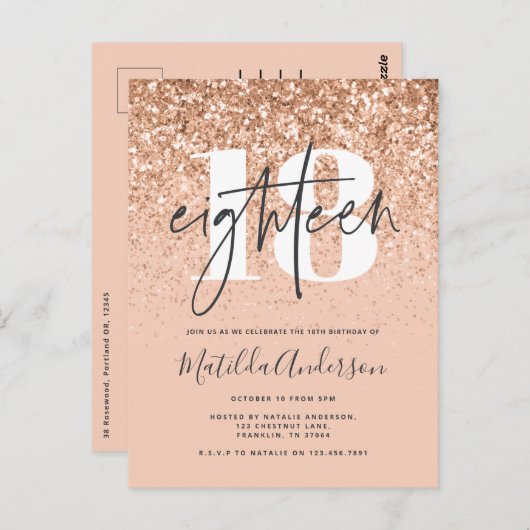 ガーリー桃モダングリッタータイポグラフィ18歳 ポストカード (正面/裏面)