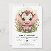 ガーリー水彩可愛い牛誕生日 招待状 (正面)