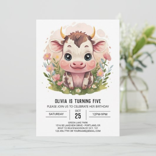 ガーリー水彩可愛い牛誕生日 招待状 (スタンド正面)