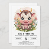 ガーリー水彩可愛い牛誕生日 招待状 (正面/裏面)