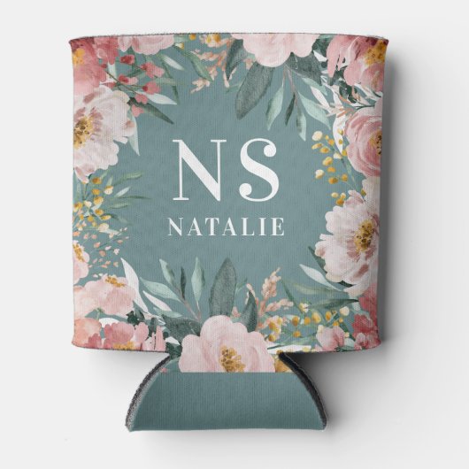 ガーリー水色ピンクフローラ誕生エレガント日 缶クーラー (正面)