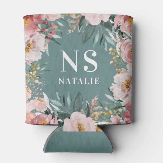 ガーリー水色ピンクフローラ誕生エレガント日 缶クーラー (裏面)