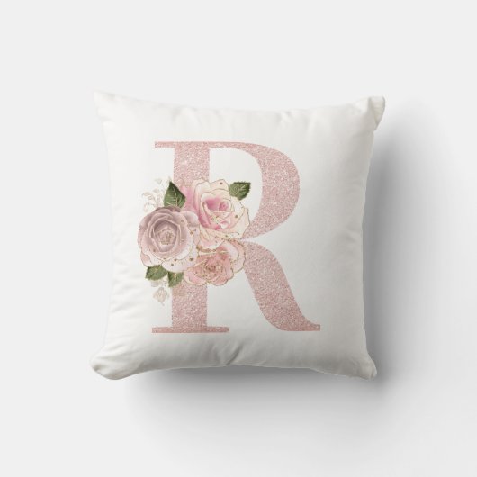 ガーリー淡い色のバラ金ゴールドグリッターフローラRモノグラム クッション (正面)