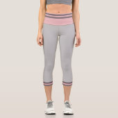ガーリー無地の色淡い灰色のピンクストライプ線 カプリレギンス (正面)