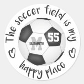 ガーリー白黒のサッカー場は私の幸せな場所だ ラウンドシール (正面)