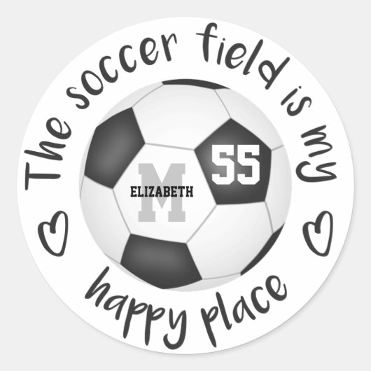 ガーリー白黒のサッカー場は私の幸せな場所だ ラウンドシール (正面)