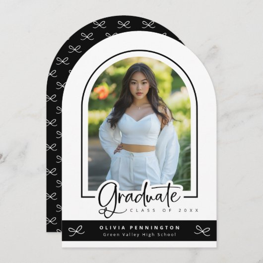 ガーリー白黒写真の卒業発表 招待状 (正面/裏面)