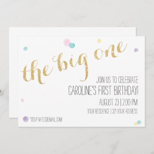 ガーリー第1の誕生日招待状-グリッター金ゴールド 招待状 (正面/裏面)