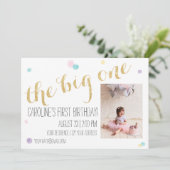 ガーリー第1の誕生日招待状-グリッター金ゴールド 招待状 (スタンド正面)