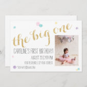 ガーリー第1の誕生日招待状-グリッター金ゴールド 招待状 (正面/裏面)