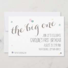 ガーリー第1の誕生日招待状 – シルバー 招待状
