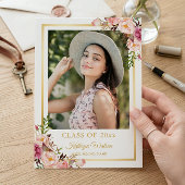 ガーリー素朴フローラ金ゴールド写真卒業パーティー 招待状