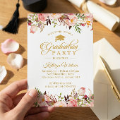 ガーリー素朴フローラ金ゴールド写真卒業パーティー 招待状