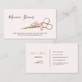 ガーリー美容師金ゴールドのピンクボウ付き鋏 名刺 (正面/裏面)