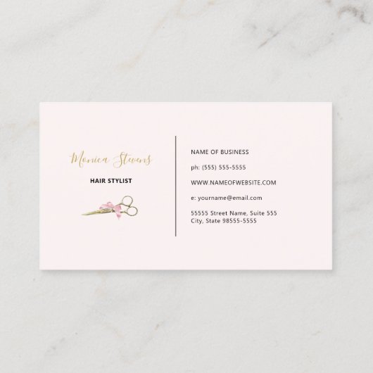 ガーリー美容師金ゴールドのピンクボウ付き鋏 名刺 (裏面)