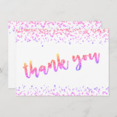 ガーリー色数々のグリッター紙吹雪ブラシスクリプト サンキューカード (正面/裏面)