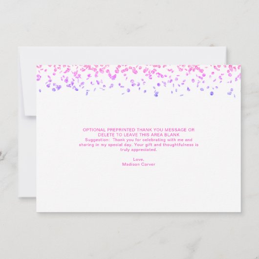 ガーリー色数々のグリッター紙吹雪ブラシスクリプト サンキューカード (裏面)